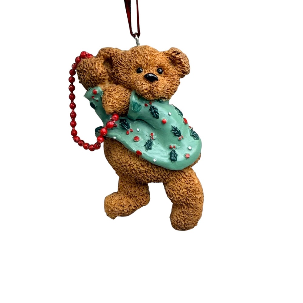 Vintage Teddy Bear Christmas Ornament Resin Brown Green Holly Holiday Small 3in